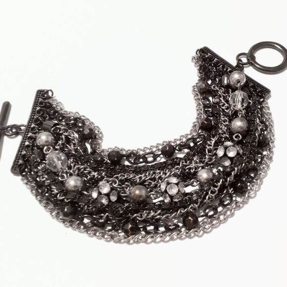 Gunmetal Silver Multi Chain Statement Bracelet Toggle Clasp 7.75" - Picture 3 of 5